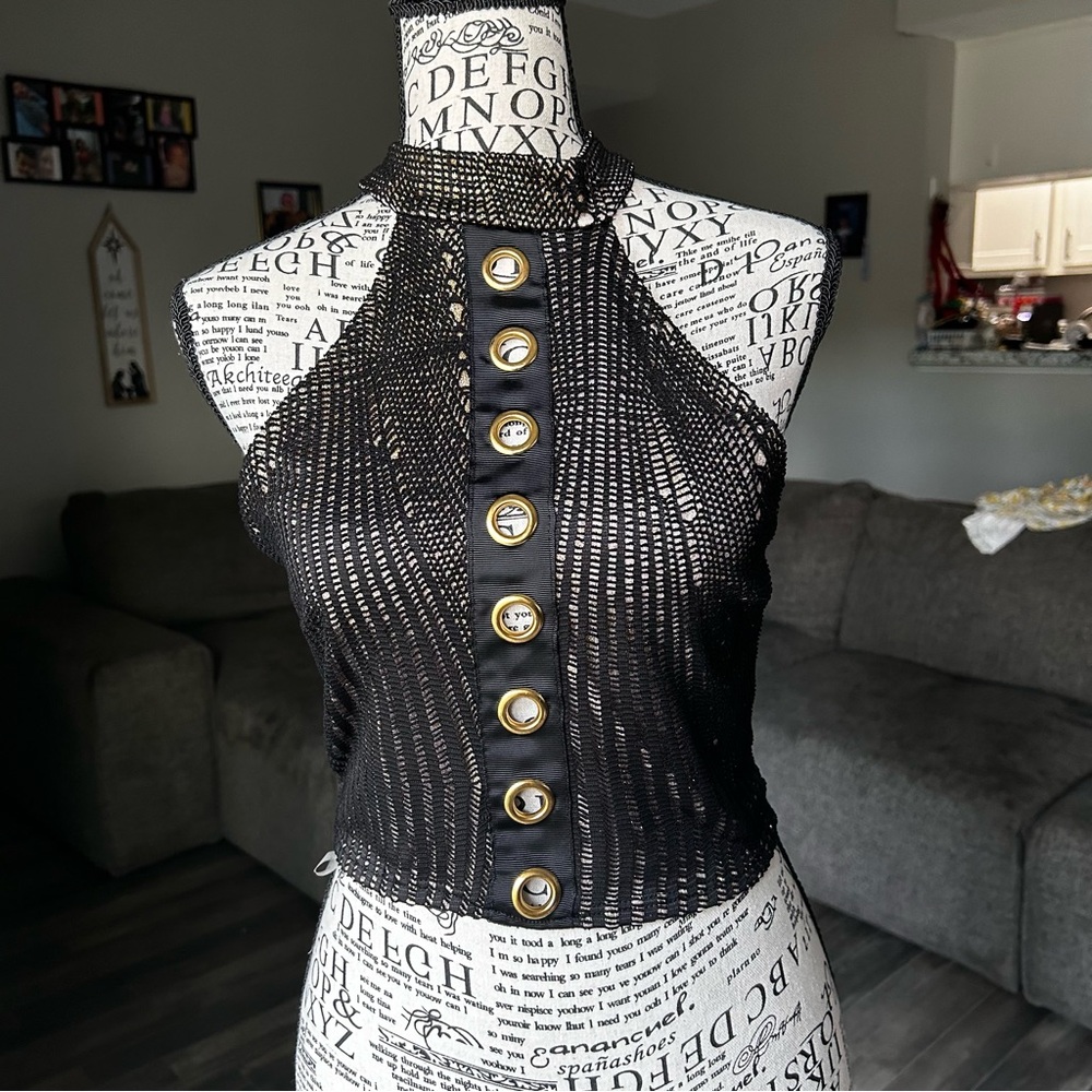 Mock Neck Crochet Gothic Crop Halter Top Tank Diamond Eyelet Detail Gold Glitter